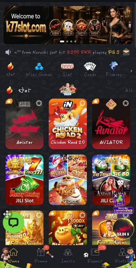 K77Slot Game Home Screen