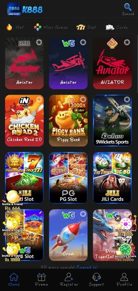 K888 Game Home Screen