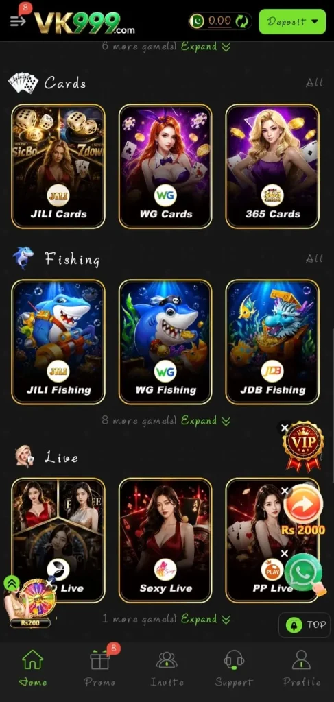 VK999 Game Home Screen